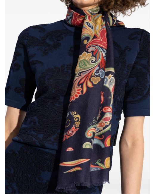 Etro Blue Ausgefranster Schal mit Print