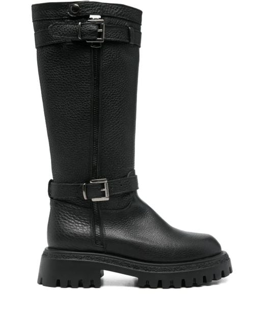 GISÉL MOIRÉ Black Leather Knee-High Boots