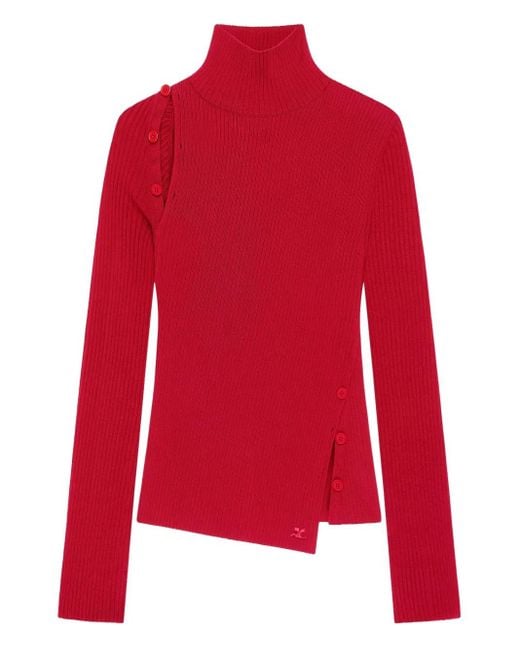 Courreges Red Button-Embellished Ribbed Turtleneck Sweater