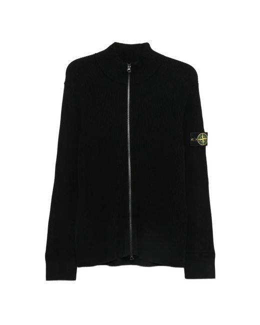 Stone Island Black Ribbed Rws Wool Zip-Up Cardigan With Logo Badge for men