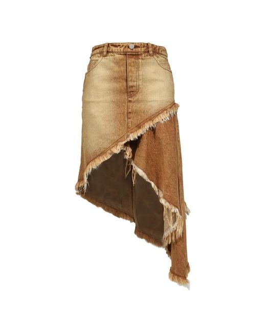 VIVAMUS Natural Asymmetric Frayed-Edge Midi Skirt