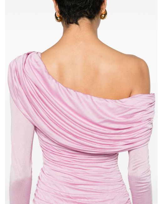 Vestido corto fruncido con hombro descubierto Blumarine de color Pink