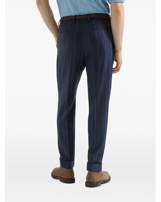 Brunello Cucinelli Blue Cashmere And Virgin Wool Multistripe Twill Trousers With Pleat for men
