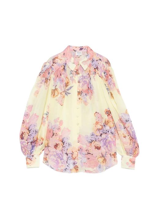 Hemant & Nandita Pink Kysha Floral-Print Puff-Sleeve Blouse