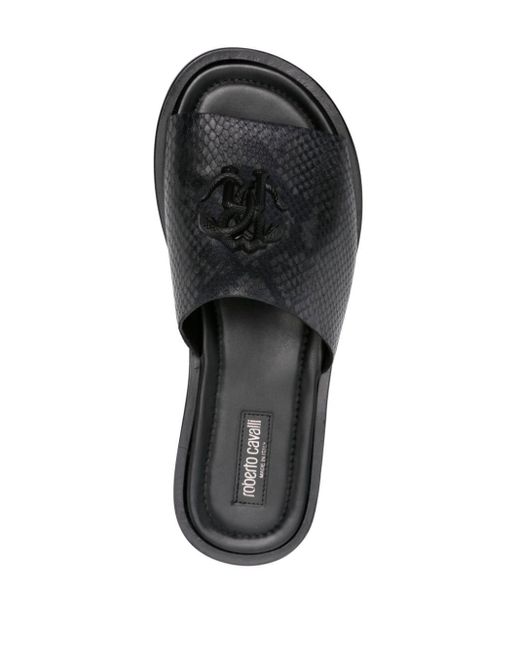 Roberto Cavalli Black Lizard-skin Logo-embossed Sandals for men
