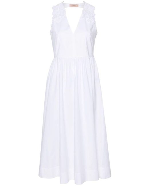 Twin Set White Floral-lace Poplin Midi Dress