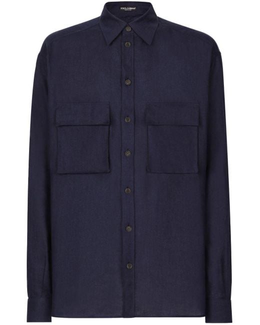 Dolce & Gabbana Blue Button-up Linen Shirt for men