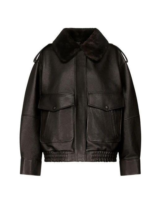 Loulou de Saison Black Russo Shearling-Collar Leather Jacket