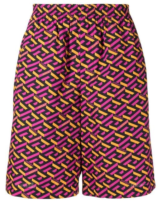 Versace Red Logo Geometric Swim Shorts for men