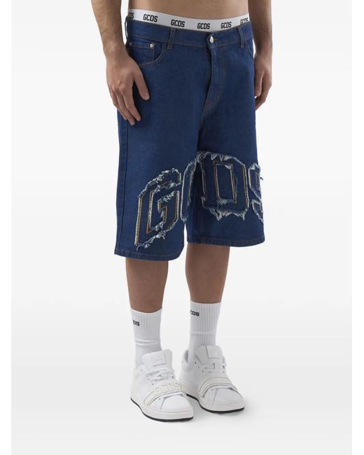 Gcds Blue Frayed Logo-Patch Shorts for men