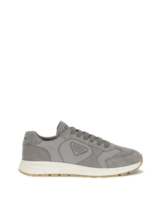 Prada Gray Logo-Plaque Suede-Panelled Sneakers for men
