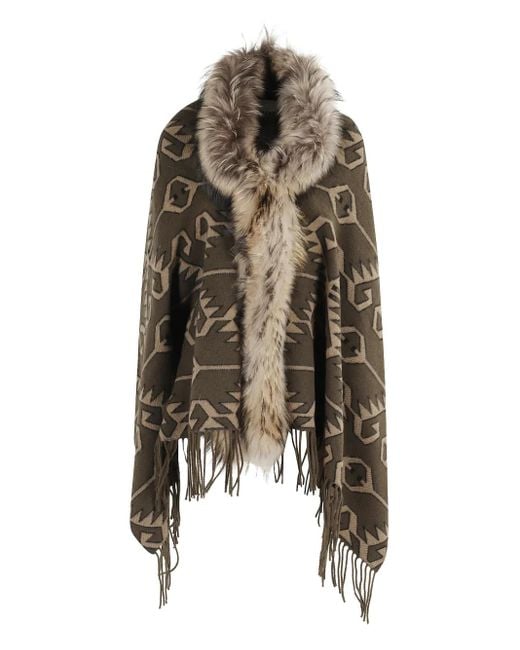 Bazar Deluxe Brown Geometrisch gemustertes Cape mit Faux-Fur-Besatz