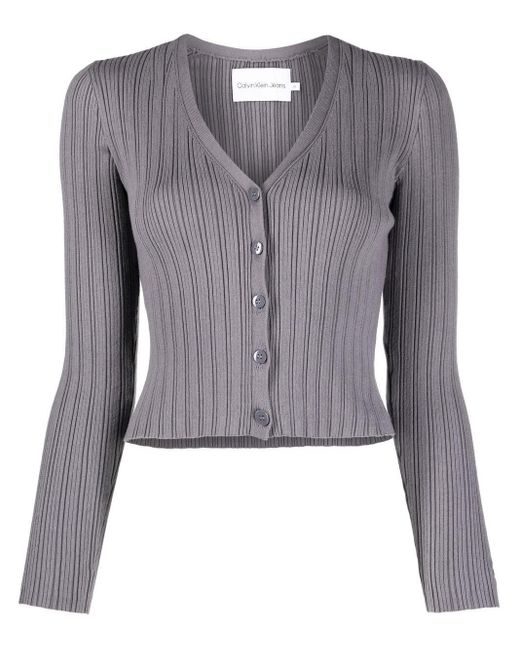 Calvin Klein Denim V-neck Ribbed-knit Cardigan in Grey (Gray) | Lyst