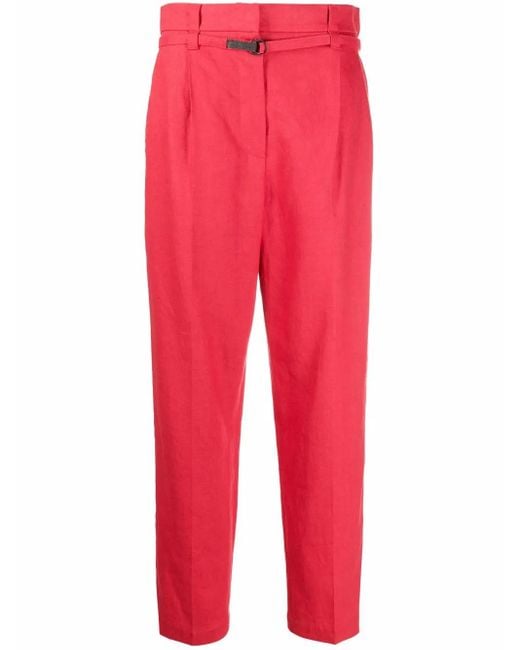 Brunello Cucinelli Red Cropped-Hose Mit Paperbag-Taille