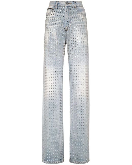Philipp Plein Gray Crystal-embellishment Pinstripe Jeans
