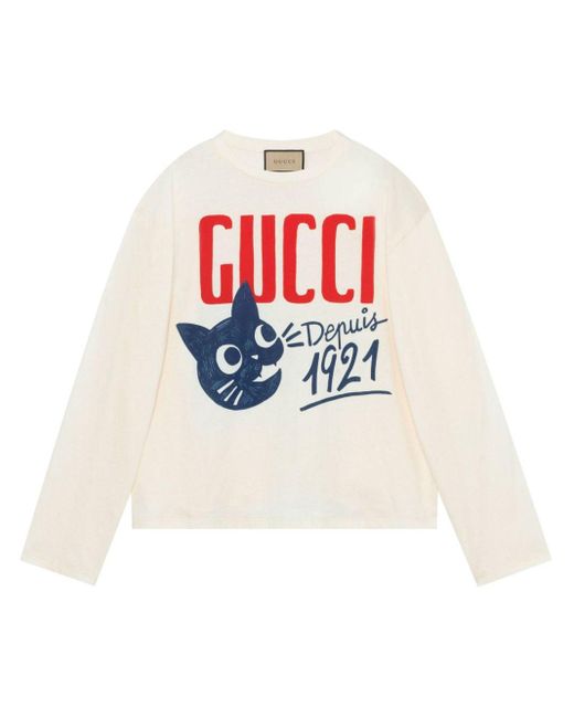 Gucci Cotton 'depuis 1921' Cat Tshirt in White Lyst UK