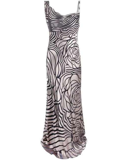 Alberta Ferretti White Rose-Print Asymmetric Sleeveless Gown