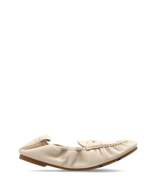 Burberry White Fawn Ruched Leather Ballet Flats