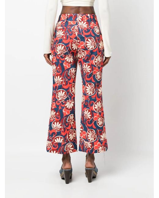 LaDoubleJ Red Hendrix Floral-Print Cotton Trousers
