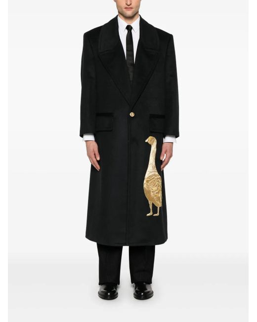 Thom Browne Black Cashmere Embroidered Applique Overcoat for men