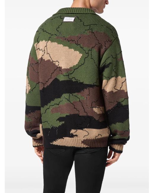 Philipp Plein Green V-Neck Intarsia-Knitted Cardigan for men