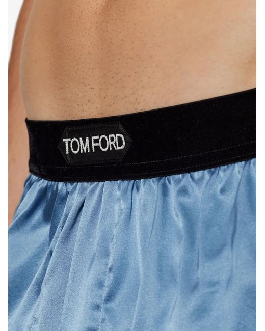 Tom Ford Blue Logo-Patch Silk Boxer Shorts for men