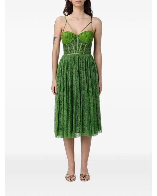 Elisabetta Franchi Green Lace Pleated Midi Dress