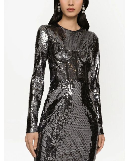 Dolce & Gabbana Gray Corset-Detail Sequinned Gown