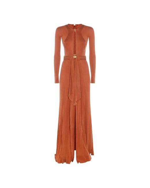 Elisabetta Franchi Orange Long-Sleeved Belt Gown Dress