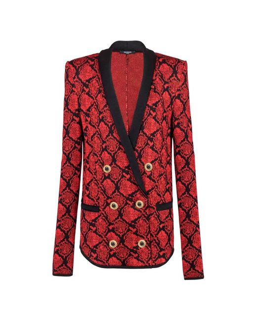 Balmain Red Cardigan Croisé À Effet Peau De Serpent