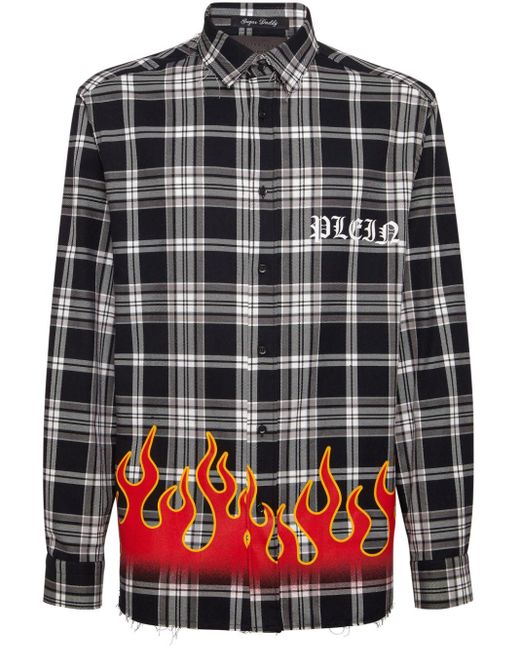 Philipp Plein Kariertes Hemd mit Flammen-Print in Black für Herren
