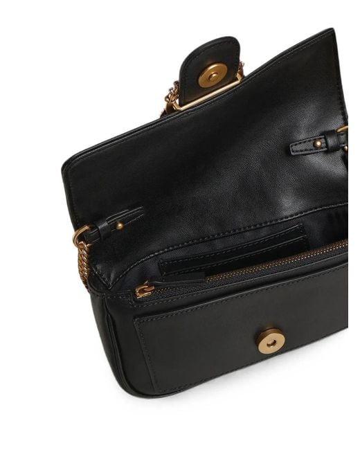 Pinko Black Love Bag Pocket Small Leather Shoulder Bag With Jewel Buckle