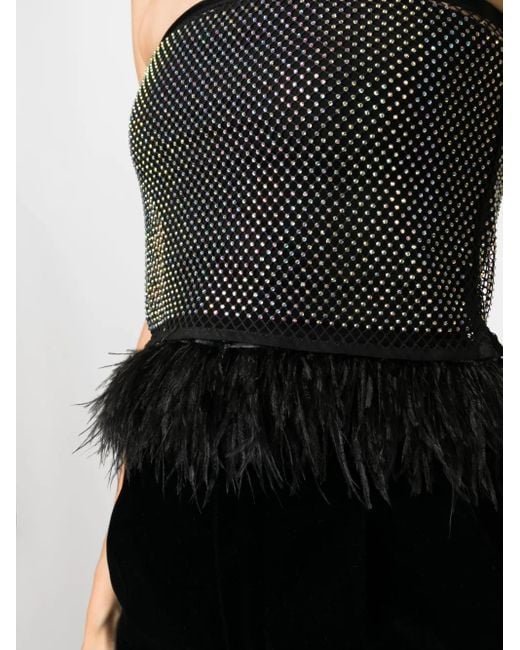 Patrizia Pepe Black Feather-Trim Rhinestone Mesh Top