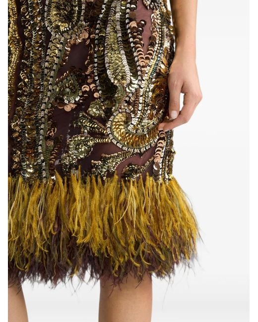 Etro Natural Dress With Sequins And Feather Details