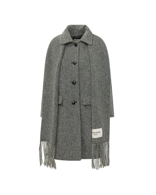 Weekend by Maxmara Gray Fringe-Trim Scarf-Detail Coat