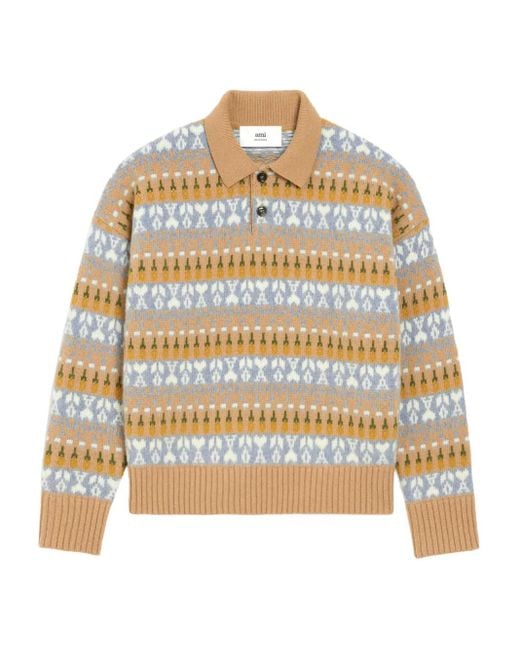 AMI Natural Holiday Capsule Fair Isle-Knit Polo Sweater