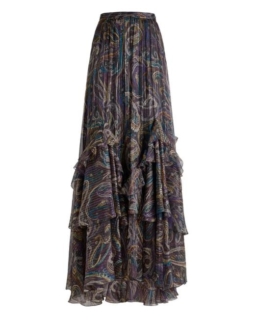 Etro Gray Silk Maxi Skirt With Paisley Foliage Motif