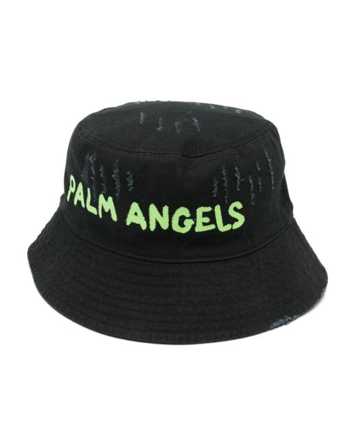 Palm Angels Black Logo-print Distressed Bucket Hat