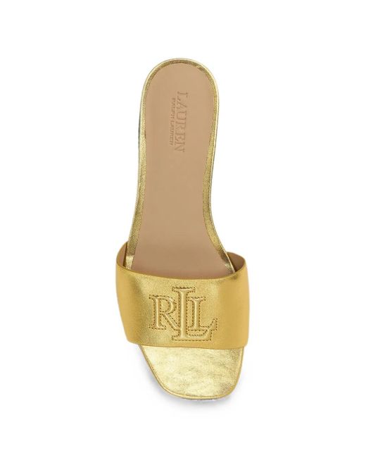 Ralph Lauren Metallic Logo-Embroidered Leather Flat Mules