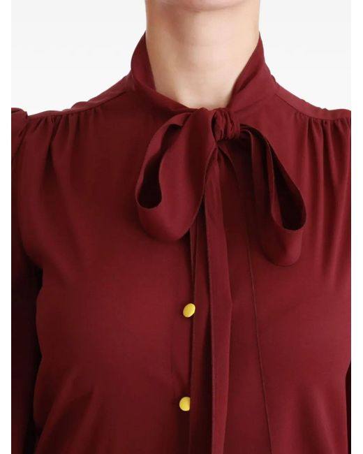 Dolce & Gabbana Red Bow-Tie Puff-Sleeve Blouse