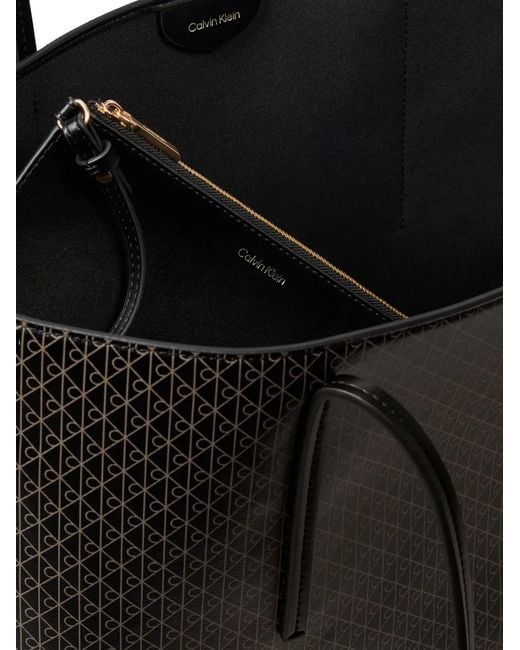 Calvin Klein Black Monogram-Pattern Logo-Plaque Tote Bag
