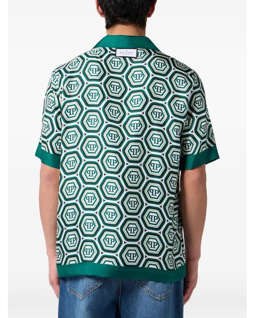 Philipp Plein Green Silk Bowling Shirt Monogram 70's for men