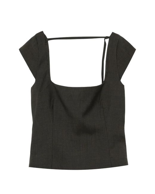 St. Agni Black Cap-Sleeves Square-Neck Top