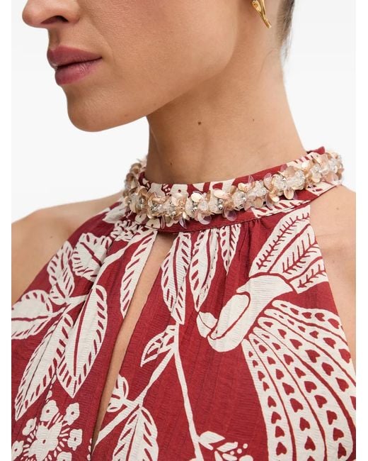 Ouí Red Beaded-Collar Floral-Print Maxi Dress