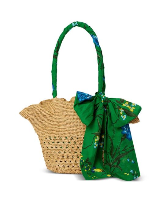 Erdem Green Scarf-wrapped Raffia Beach Bag