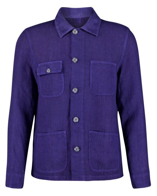 120% Lino Blue Spread-collar Linen Shirt Jacket for men