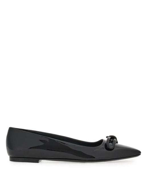 Ferragamo Black Bow-Detailing Leather Ballerina Shoes
