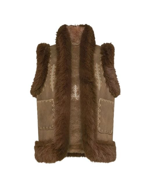Seventy Brown Faux-Fur Trim Embroidered Gilet
