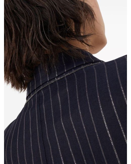 Brunello Cucinelli Blue Pinstripe-pattern Belted Blazer