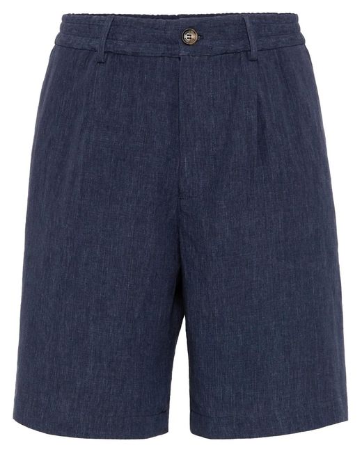 Brunello Cucinelli Blue Linen Bermuda Shorts for men